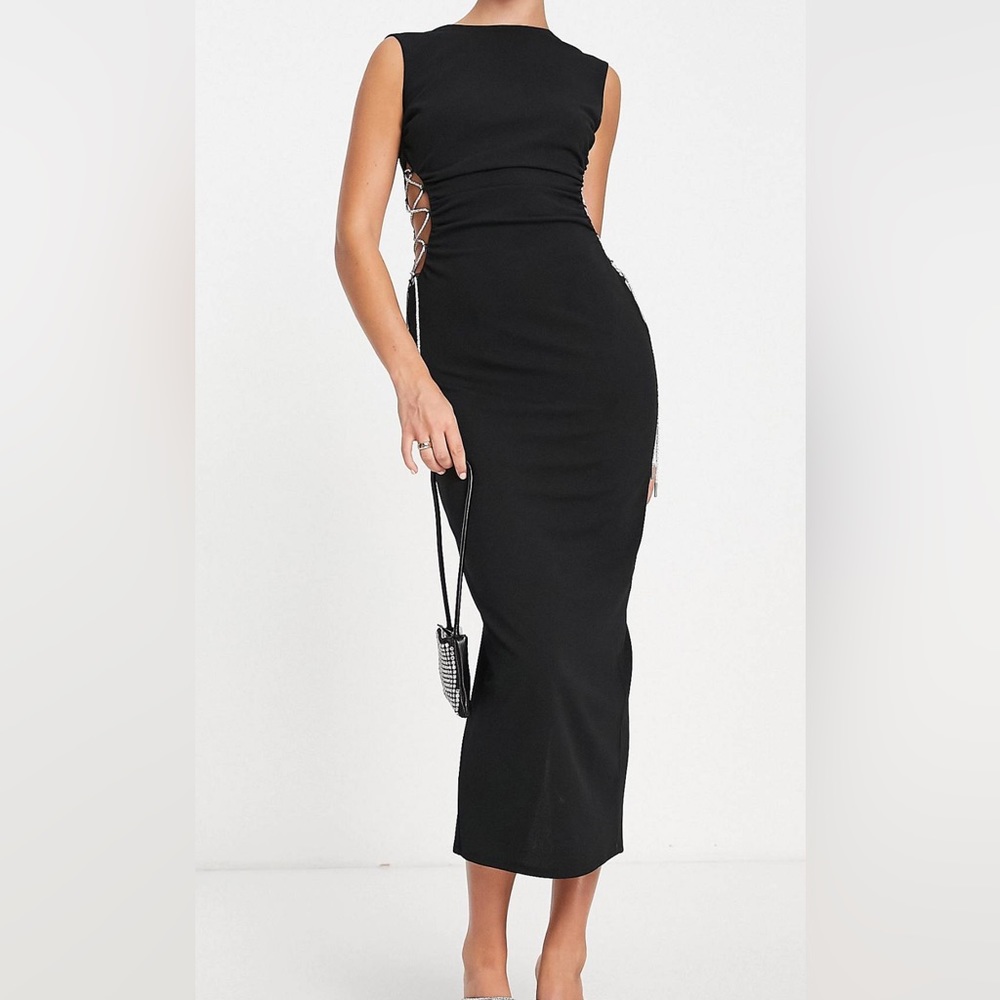 ASOS DESIGN high neck rhinestone lace up midi dress in black - SIZE US 12